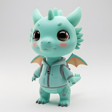 3D Cute Turquoise Dragon-like creature wearing a light blue hoodie with a backpack.