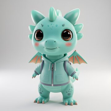 3D Cute Turquoise Dragon-like creature wearing a light blue hoodie with a backpack.