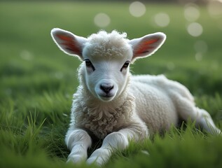 Obraz premium Adorable young lamb lying on a lush green meadow under soft natural light, symbolizing innocence, springtime renewal, and peaceful countryside life 