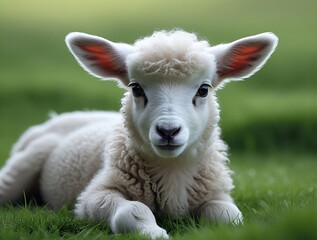 Obraz premium Adorable young lamb lying on a lush green meadow under soft natural light, symbolizing innocence, springtime renewal, and peaceful countryside life 