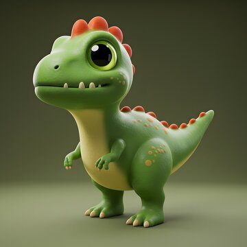 3D Dinosaur with a green and yellow color scheme, red spines on its back, and large, expressive eyes.