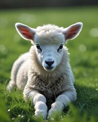 Obraz premium Charming fluffy lamb resting on a fresh green field in daylight, capturing the beauty of rural farm life, nature tranquility, and the innocence of young animals 