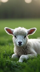 Fototapeta premium Charming fluffy lamb resting on a fresh green field in daylight, capturing the beauty of rural farm life, nature tranquility, and the innocence of young animals 