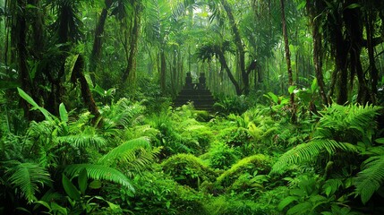 Fototapeta premium Lush Jungle Landscape with Ancient Ruins Surrounded by Dense Tropical Vegetation and Vibrant Greenery