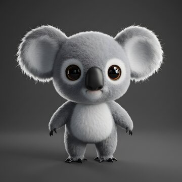 3D Cute cartoon Koala with large, expressive eyes, oversized ears, and a small, fluffy body.