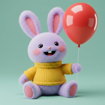 3D Cute cartoon purple Bunny wearing a yellow sweater and holding a red balloon.