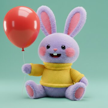 3D Cute cartoon purple Bunny wearing a yellow sweater and holding a red balloon.