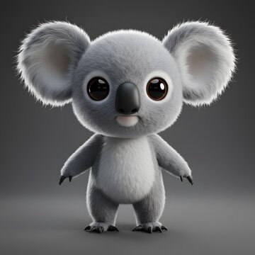 3D Cute cartoon Koala with large, expressive eyes, oversized ears, and a small, fluffy body.