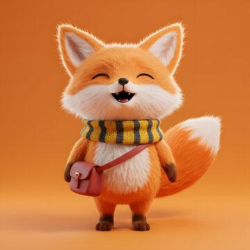 3D Cute, cartoon Fox wearing a striped scarf and carrying a small red purse.