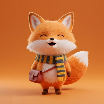 3D Cute, cartoon Fox wearing a striped scarf and carrying a small red purse.