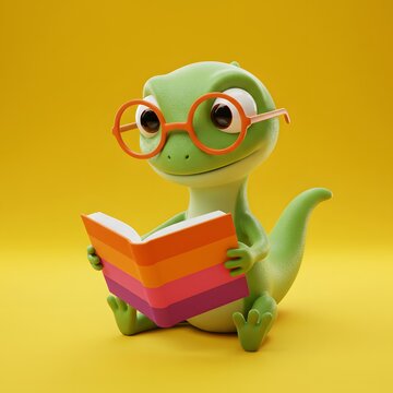3D Cute, green Dinosaur, cartoon creature wearing large, orange glasses, sitting and holding a colorful book.