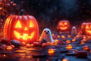 Glowing Jack-o'-lantern with ghost, candy, dark forest