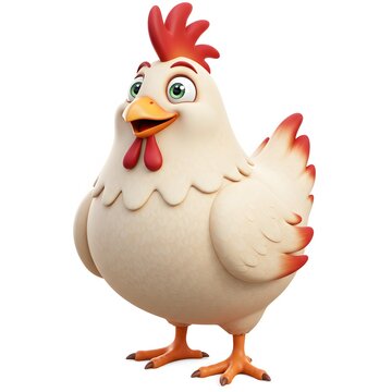 3D Chicken with a happy expression, featuring prominent red comb and wattles, and orange feet.