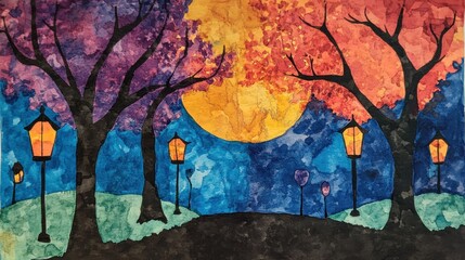 Colorful nocturnal park scene with vibrant trees and lanterns.
