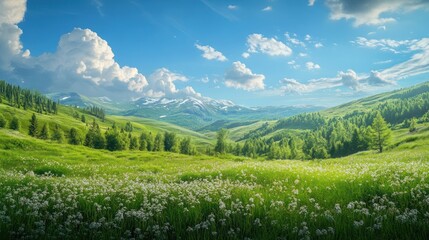Obraz premium Idyllic mountain valley with wildflower meadow under a serene azure sky