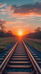 Obraz premium Railroad tracks vanishing into the glowing sunset, creating a dramatic scene of travel, dreams, distance, adventure, and the passage through stunning countryside views 
