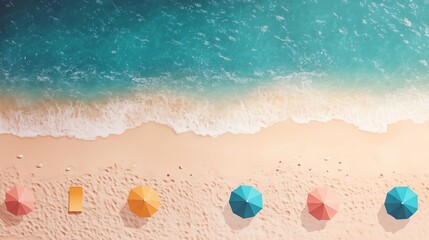 Obraz premium Flat design summer beach aerial view with colorful umbrellas and white space for text, vector illustration