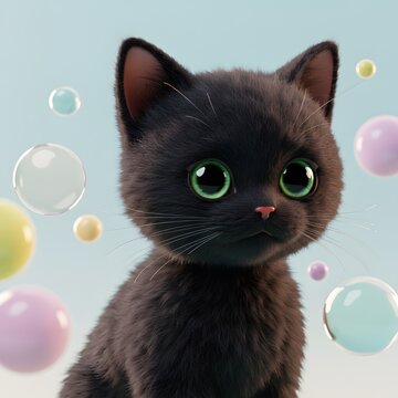 3D Black Cat with Blue Eyes
