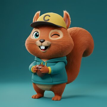 3D Cute Squirrel character wearing a yellow cap, a blue hoodie with yellow accents, and holding a chocolate bar in its hands.