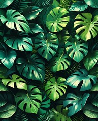 Natural vibrant green monstera leaves filling the frame with tropical beauty, showcasing botanic patterns, jungle environment, and serene plant life aesthetics
