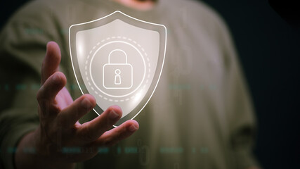 Person showing protection and encryption of password data used in the Internet world, digital...