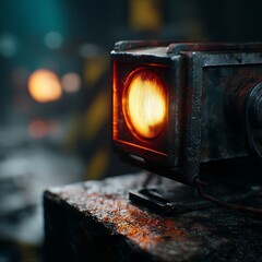 Rusty Metal Industrial Light Fixture Glowing Orange in Dark Setting