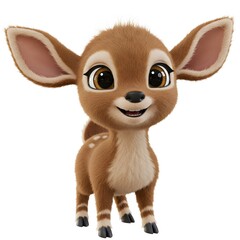 3D cartoon young Deer with large, expressive eyes, a wide smile, and fluffy brown fur.
