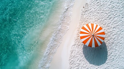 Obraz premium Striped Beach Umbrella on White Sand, Aerial View with Clean Negative Space for Text and Branding