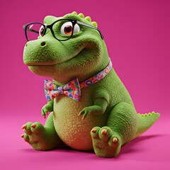 3D Green cartoon-like Crocodile wearing glasses and a colorful bow tie.