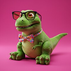 3D Green cartoon-like Crocodile wearing glasses and a colorful bow tie.