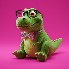 3D Green cartoon-like Crocodile wearing glasses and a colorful bow tie.