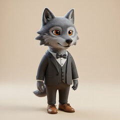 3D Wolf character dressed in a formal gray suit with a vest and a bow tie.