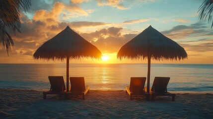 Fototapeta premium Two Luxury Loungers Under Balinese Umbrellas at Golden Hour - Minimalist Beach Sunset with Copy Space