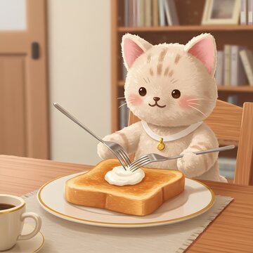 3D Cute cartoon-like cat wearing a choker with a bell, sitting at a table with a plate of toast and a dollop of butter.