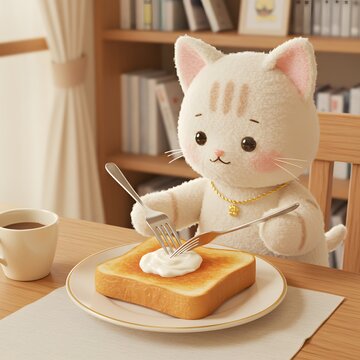 3D Cute cartoon-like cat wearing a choker with a bell, sitting at a table with a plate of toast and a dollop of butter.