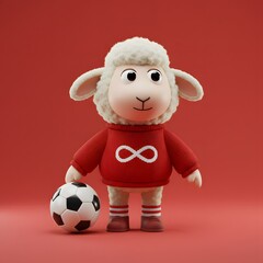 3D Sheep character dressed in a red sweater with a white infinity symbol and holding a soccer ball.