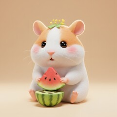 3D Hamster holding a slice of watermelon. The hamster has a light orange and white fur, with a small flower on its head and rosy cheeks.