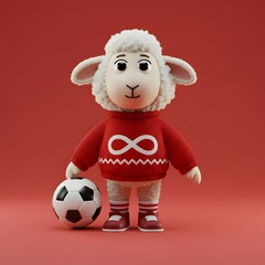 3D Sheep character dressed in a red sweater with a white infinity symbol and holding a soccer ball.