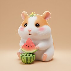 3D Hamster holding a slice of watermelon. The hamster has a light orange and white fur, with a small flower on its head and rosy cheeks.