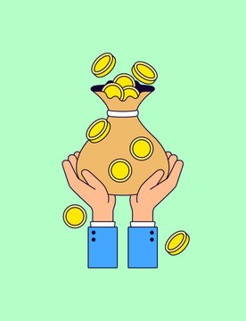 Businessman's hands holding a large money bag overflowing with gold coins Cartoon illustration vector for financial success, savings, investment, profit