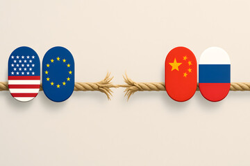 Symbolic global tug-of-war — minimalist image of geopolitical tension between USA, China, Russia, and Europe