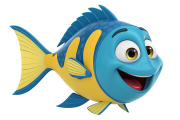 Cartoon illustration of a happy blue and yellow smiling fish character - generated by ai