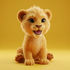 3D Cartoon Lion Cub with a cheerful expression, sitting against a yellow background.