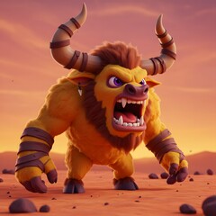 3D Muscular Bull Orange and Brown creature with large horns and sharp teeth, standing in a desert.