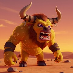 3D Muscular Bull Orange and Brown creature with large horns and sharp teeth, standing in a desert.