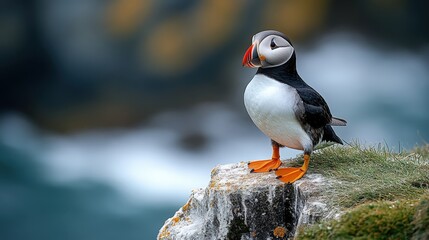 Fototapeta premium A resting arctic seabird perches gracefully on a rocky outcrop.