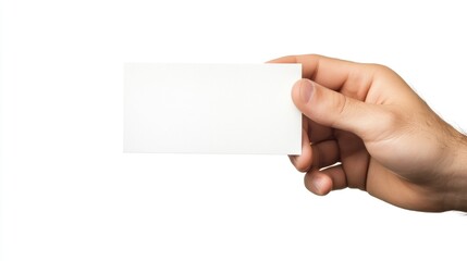 Obraz premium Realistic male hand holding a blank card or ticket/flyer, fingers gently gripping the edges, natural skin texture and tone