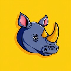Obraz premium Cartoon illustration of a rhinoceros head with yellow and gray horns on a bright yellow background