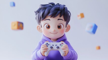 Fototapeta premium purple and blue and white and orange, A boy is playing video game emoji, 3d, cartoon, emoji style, white background