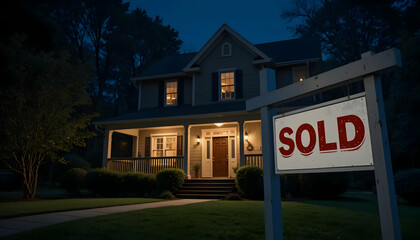 House with Sold Sign at Dusk Illustrating a Real Estate Transaction